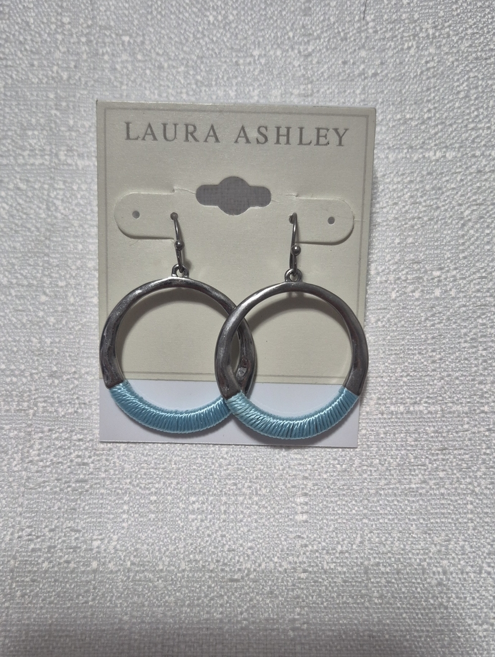 Laura Ashley Silver Simple Hoop Earrings with Pale Blue Thread Accent NWT